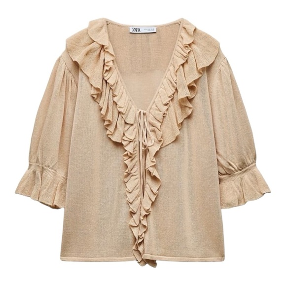 Zara Tops - Zara Tan Ruffle Blouse with Puffed Sleeves M